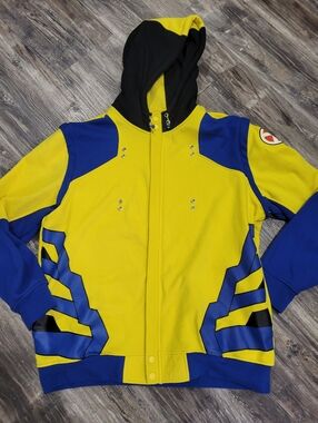 Marvel Wolverine Jacket Men’s XL Yellow Blue Hooded Zip Off Sleeve Cosplay Hero